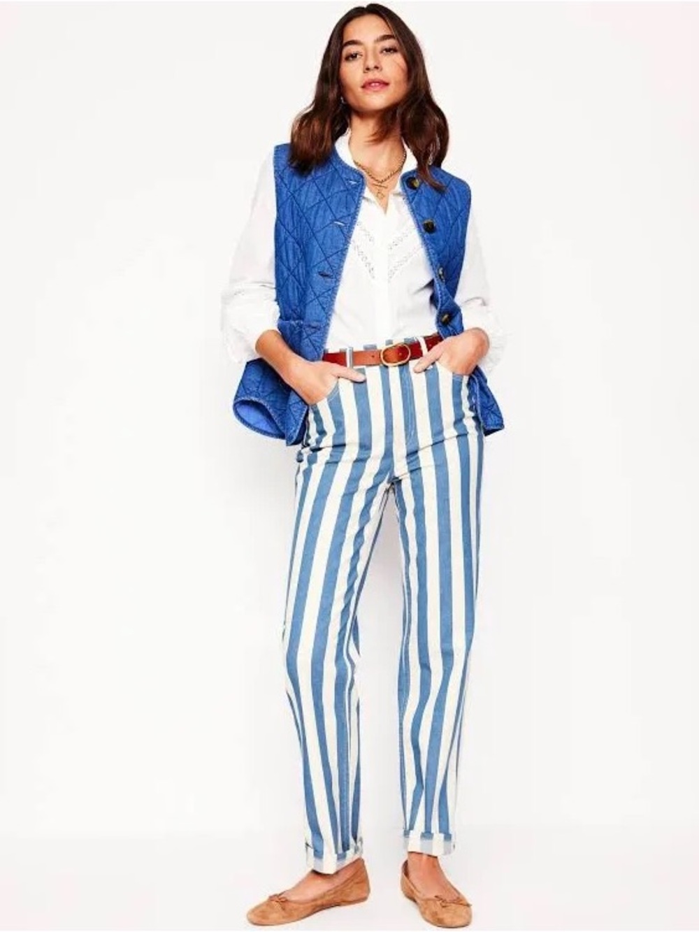 Boden High Rise Striped Straight Leg Jeans Blue and White 28